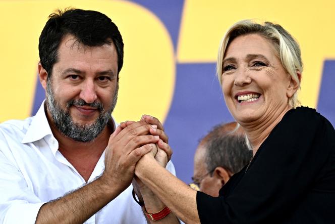 Matteo Salvini, Italian Deputy Prime Minister, and Marine Le Pen, president of the National Rally group at the National Assembly, in Pontida, northern Italy, September 17, 2023.