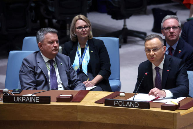 Polish President Andrzej Duda alongside Ukrainian Ambassador to the United Nations Serhiy Kyslytsya during a meeting of the UN Security Council in New York on September 20, 2023.