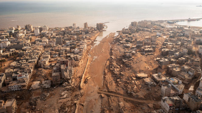 Aerial view of Derna, Libya, following the floods of September 10 and 11.  September 16, 2023. 