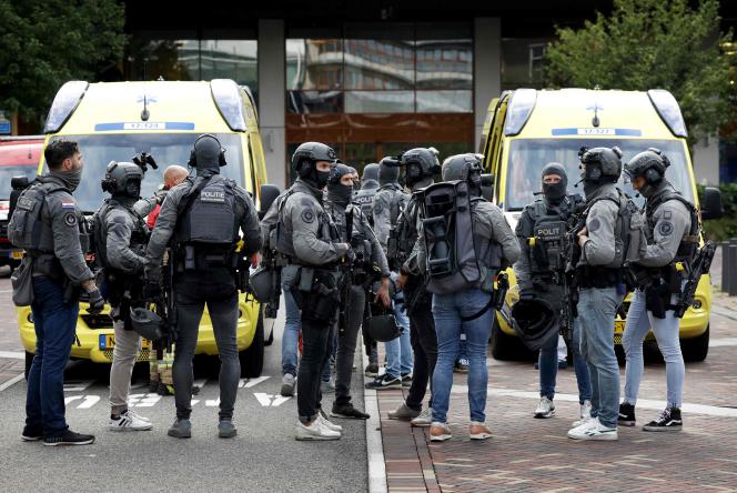 Special intervention police officers from the Netherlands gather at the Erasmus University Medical Center (Erasmus MC) in Rotterdam, which was sealed off following two armed attacks, September 28, 2023. 