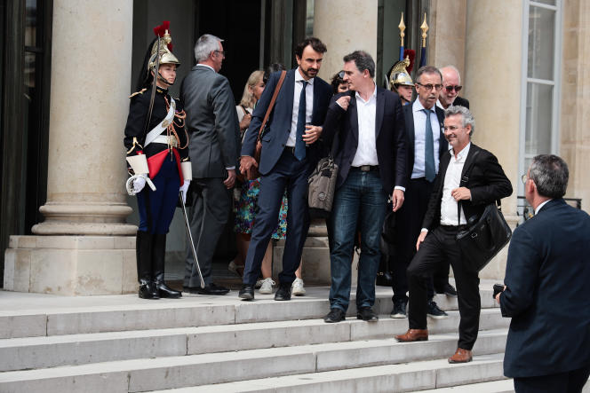 Grégory Doucet, the mayor of Lyon, Eric Piolle, the mayor of Grenoble and Pierre Hurmic, the mayor of Bordeaux, among the councilors of the municipalities victims of the violence, are received by Emmanuel Macron, at the Elysée, in Paris, on July 4 2023.