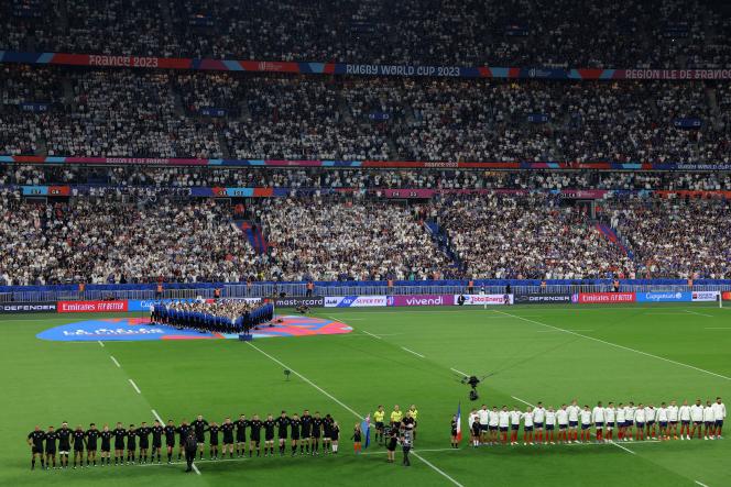 New Zealand and France during the anthems, before the opening match of the World Cup, Friday September 8, 2023 in Saint-Denis (Seine-Saint-Denis).