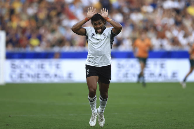 Fijian Simione Kuruvoli during the match between Australia and Fiji at the Geoffroy-Guichard stadium in Saint-Etienne, September 17, 2023.