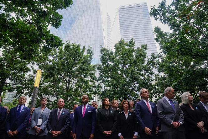   Former New York Mayor Michael Bloomberg, New York Mayor Eric Adams, US Vice President Kamala Harris, New York Governor Kathy Hochul, Senate Majority Leader Chuck Schumer, and Senator American Kirsten Gillibrand attends a commemoration ceremony for the victims of the September 11, 2001 terrorist attack on the World Trade Center, in New York, September 11, 2023.  