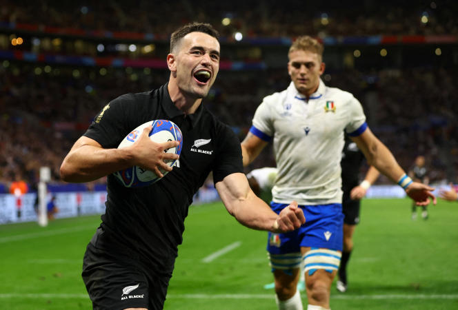 New Zealander Will Jordan celebrates his twelfth try during the Rugby World Cup match against Italy on Friday September 29 in Lyon.