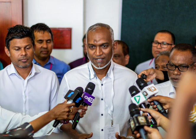 Mohamed Muizzu, Maldives presidential candidate from the opposition People's National Congress, speaks to the media during the presidential election runoff in Male, Maldives, September 30, 2023. 