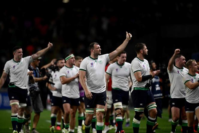 Irish players after their match against the Tonga team, at the Beaujoire stadium, in Nantes, September 16, 2023.