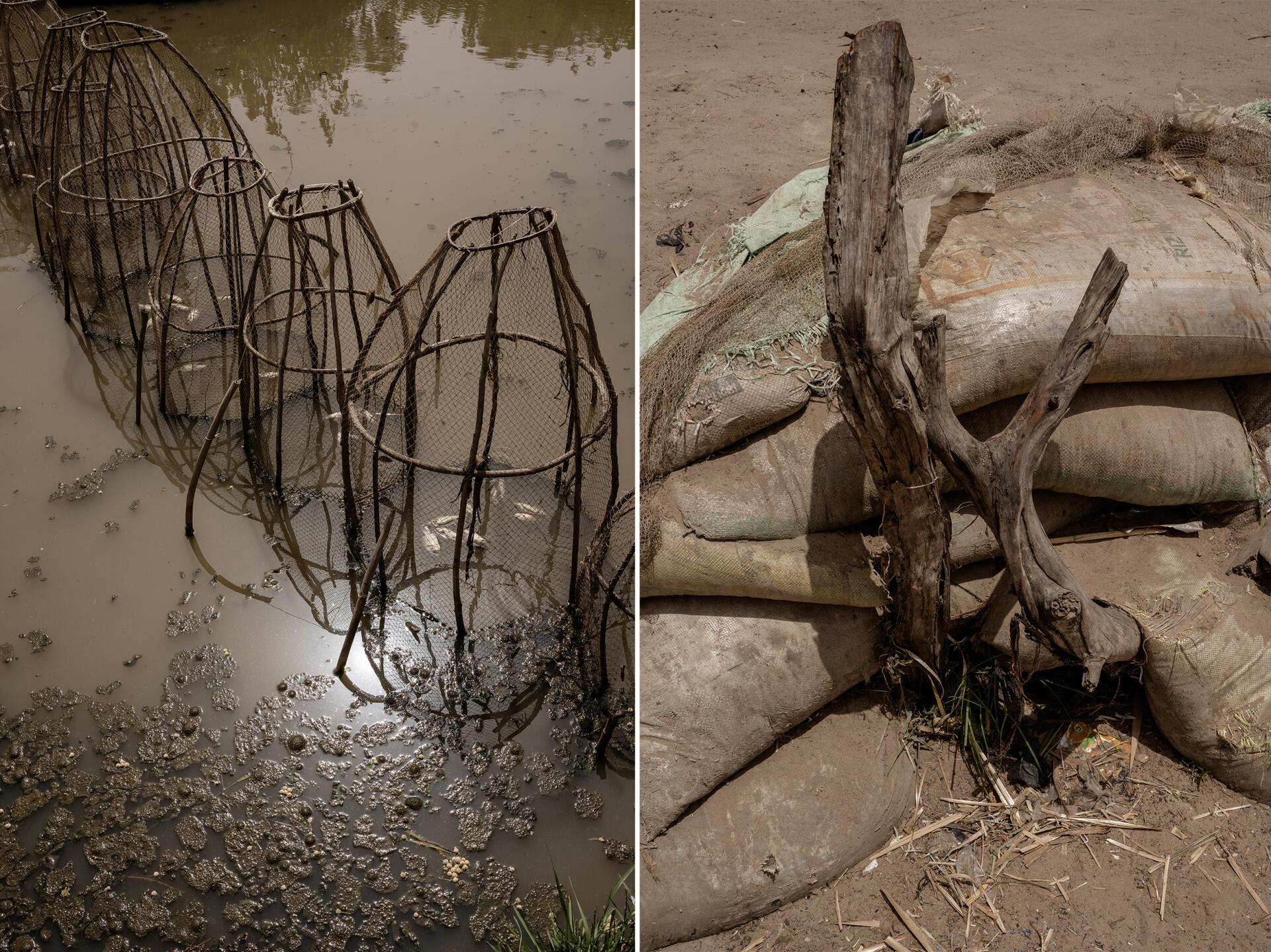 Traps at the entrance to a river, on the road between Koulkimé and Baga Sola, on the banks of Lake Chad, April 1, 2023. Following the damage from the 2022 floods, the International Committee of the Cross -Rouge (ICRC) financed the construction of sandbag dams, on the island of Koulfoua, Chad, April 3, 2023.
