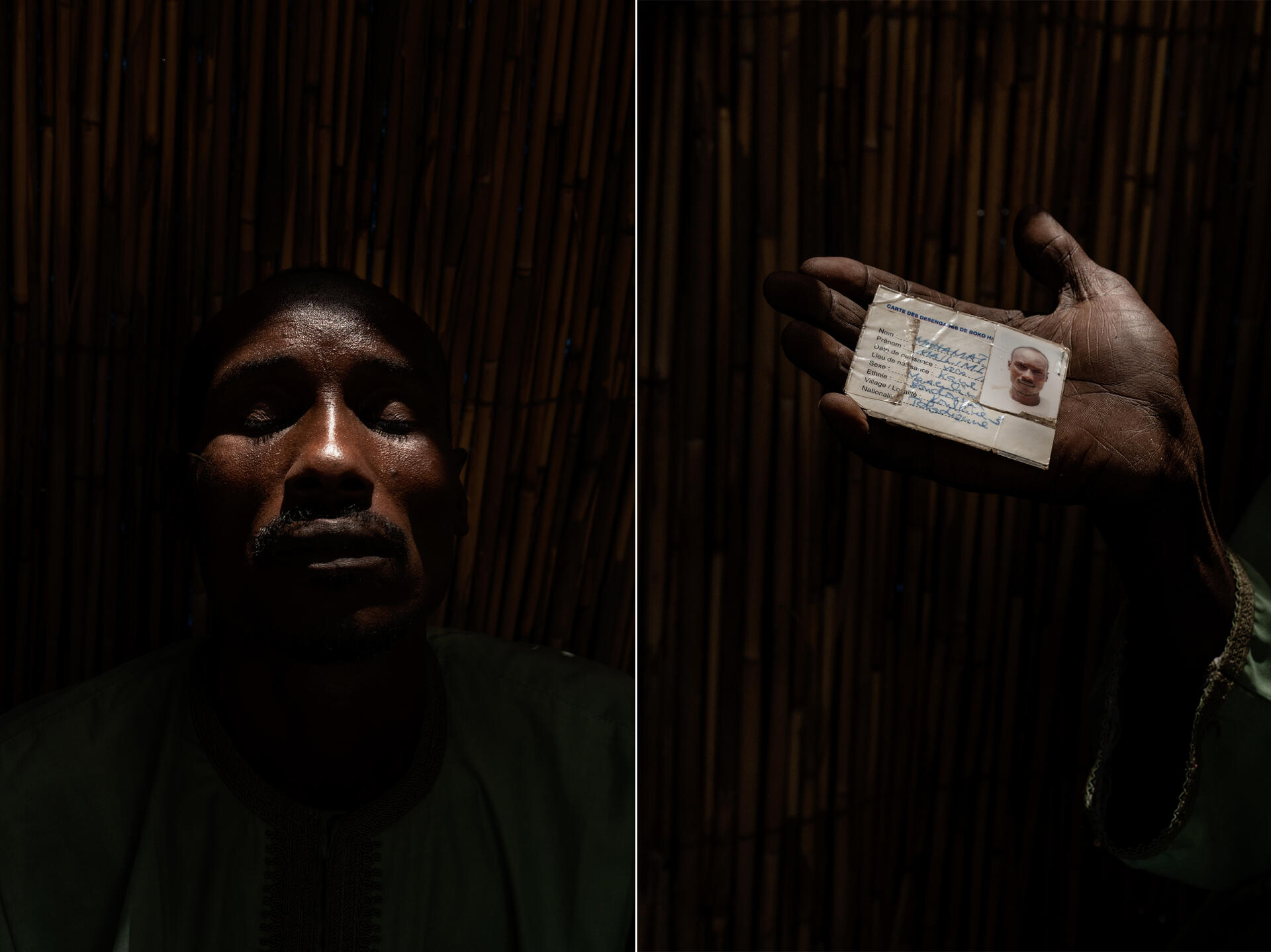 Malimiti Mahamat, 35, shows his “Boko Haram disengagement card” in Koulkimé, on the shores of Lake Chad, on April 1, 2023. He joined the jihadist group in 2014, due to his frustration with the government before leaving the group.  “Our lands were once fertile,” he said.  Now there is not much to see in our harvests.  » He suffers from hunger, but no longer has the possibility of returning to Boko Haram because, he claims, he would be killed.  “We don’t need anyone to feed us,” he said.  We need a place to farm and fish.  We want to take care of ourselves.  »