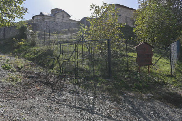A destroyed gate in front of the Banjska monastery, October 9, 2023.