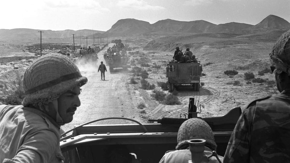 During the Six-Day War, Israeli fighters drive towards Egyptian positions in the Sinai.