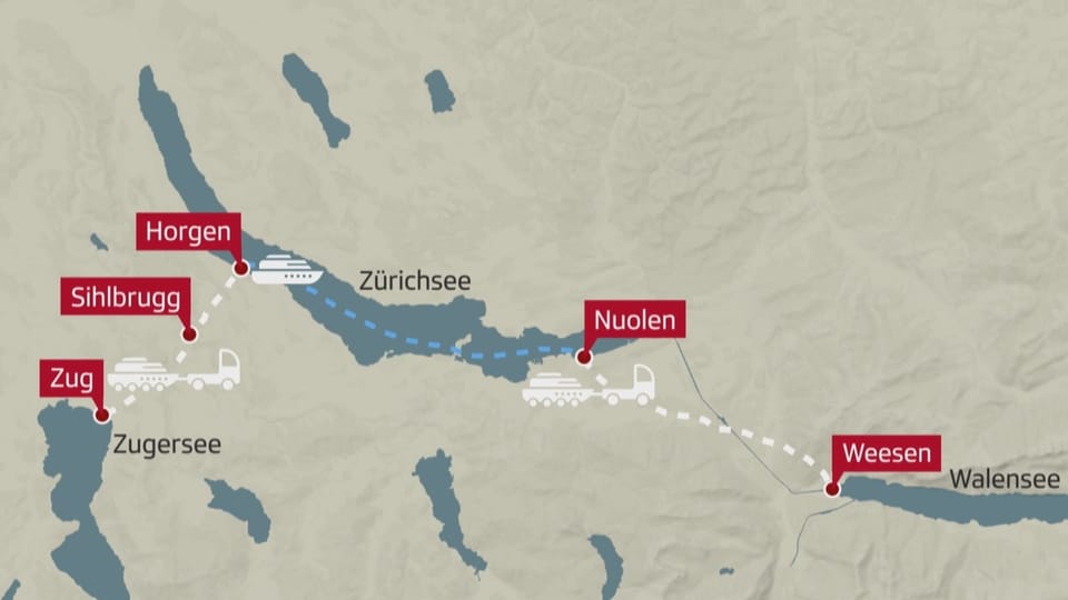 Map of the journey from Zug to Weesen.