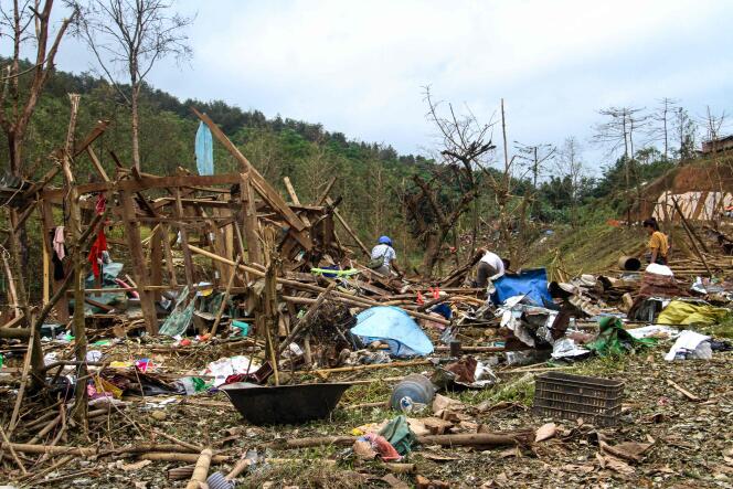 Debris of an attacked displaced persons camp near the town of Laiza, northern Burma, October 11, 2023.