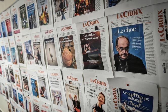 The first pages of the French daily “La Croix” are visible on the wall of the Montrouge headquarters (Hauts-de-Seine), October 9, 2019.
