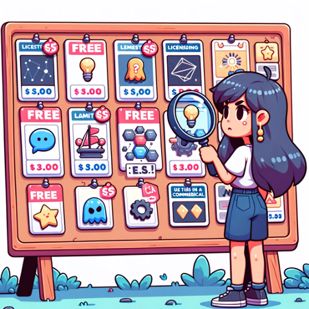 Female game designer standing in front of a big board displaying various game assets