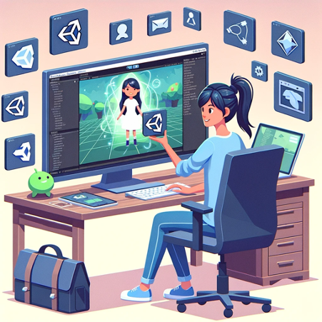Game developer sitting at her workstation with a large monitor displaying a 3D game environment in Unity