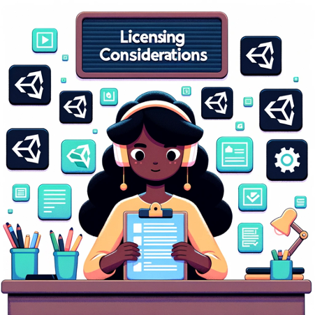 Illustration of a female game developer, surrounded by floating Unity asset icons