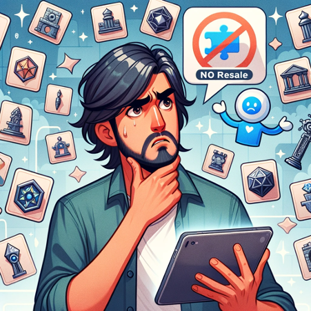  Illustration of a male game developer confused while browsing an online asset store on his tablet