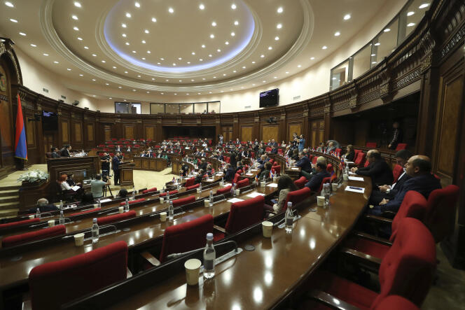 Armenian parliamentarians attend the session of the National Assembly of the Republic of Armenia, in Yerevan, Tuesday, October 3, 2023.