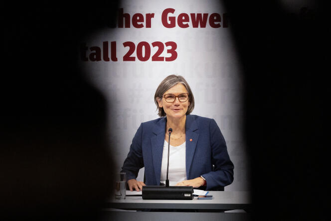 Christiane Benner, newly elected president of the IG Metall union, during a press conference in Frankfurt am Main, western Germany, October 23, 2023. 