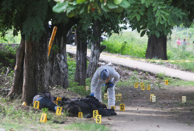 The crime scene where several local police officers were shot dead by gunmen, in Coyuca de Benitez, Mexico, October 23, 2023.