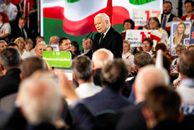 Jaroslaw Kaczynski, leader of the Law and Justice (PiS) party, during a meeting ahead of the legislative elections, in Przysucha (Poland), October 9, 2023.