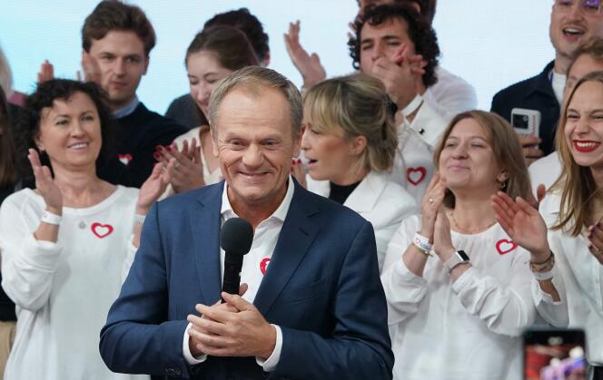 Donald Tusk, the leader of the pro-European opposition in Poland, claims victory for the centrist coalition on October 15, 2023.