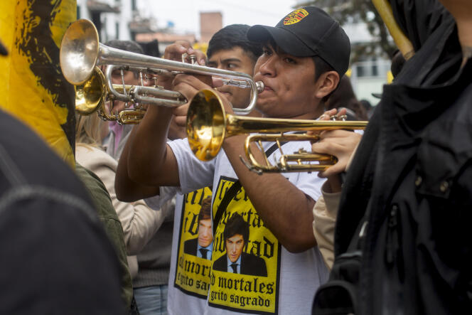 Supporters of Liberty Advances candidate Javier Milei in front of the hotel where he arrived in Salta, Argentina, October 12, 2023.