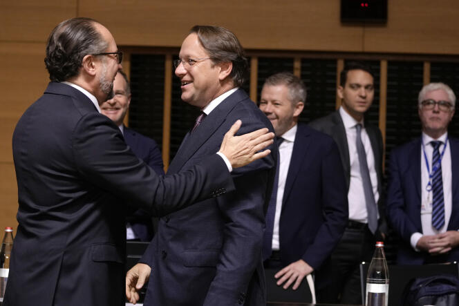 European Commissioner for Enlargement Oliver Varhelyi (center) with Austrian Foreign Minister Alexander Schallenberg during a meeting of EU foreign ministers at the European Council in Luxembourg on 23 October 2023.