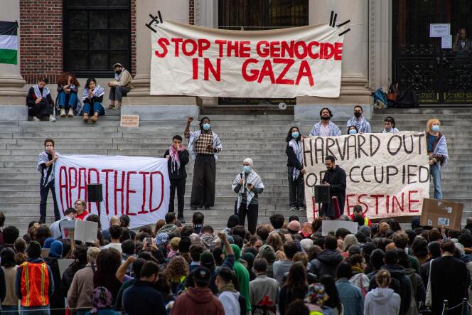 During a pro-Palestine demonstration on the campus of Harvard University, in Cambridge, Massachusetts, October 14, 2023.   