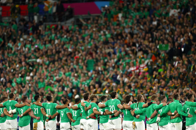 Irish players during the anthems, before the World Cup match against South Africa, September 23, 2023, at the Stade de France in Saint-Denis (Seine-Saint-Denis). 