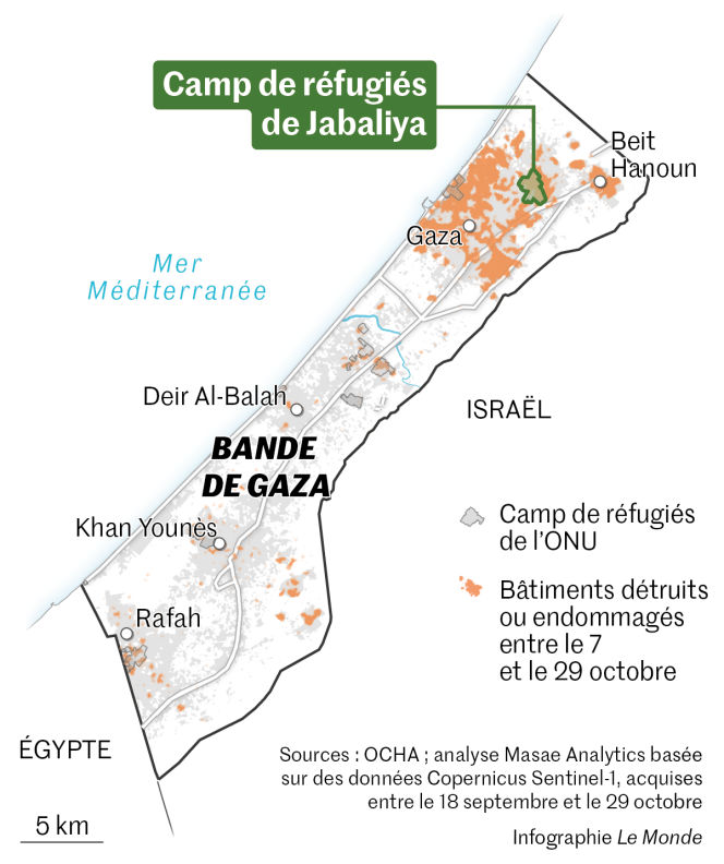 Map of the Gaza Strip, including the Jabaliya refugee camp, bombed on October 31, 2023.
