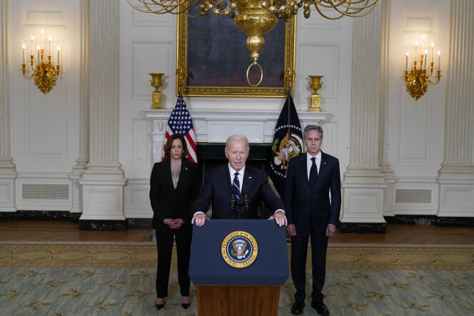 US Vice President Kamala Harris, President Joe Biden, and Secretary of State Antony Blinken, at the White House, October 10, 2023.