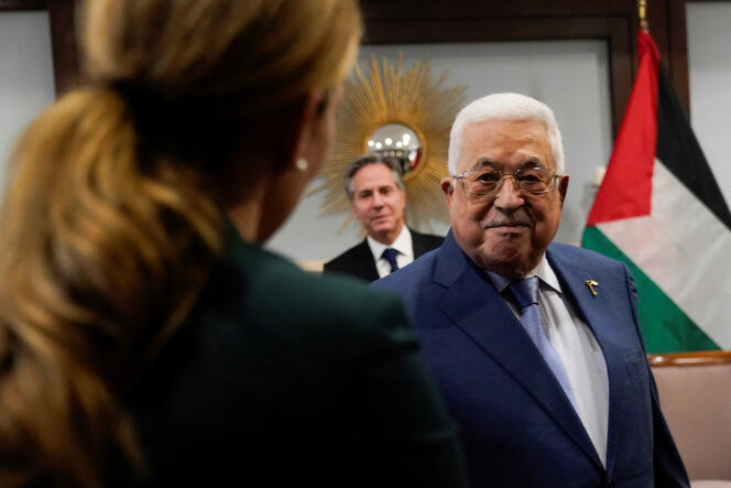 Mahmoud Abbas, President of the Palestinian Authority, receives participants in his meeting with US Secretary of State Antony Blinken in Amman, Jordan, October 17, 2023.