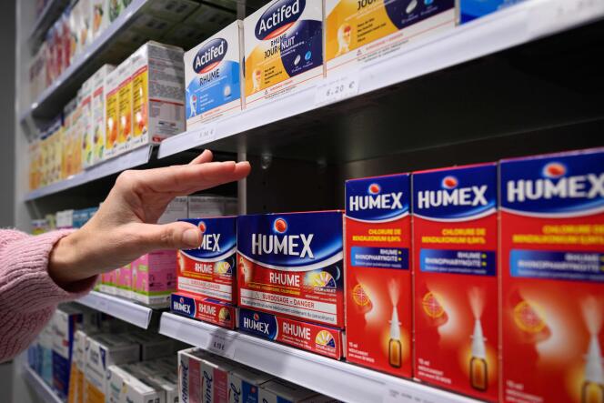 Boxes of Actifed and Humex medications in a pharmacy in Riedisheim (Haut-Rhin), October 23, 2023.