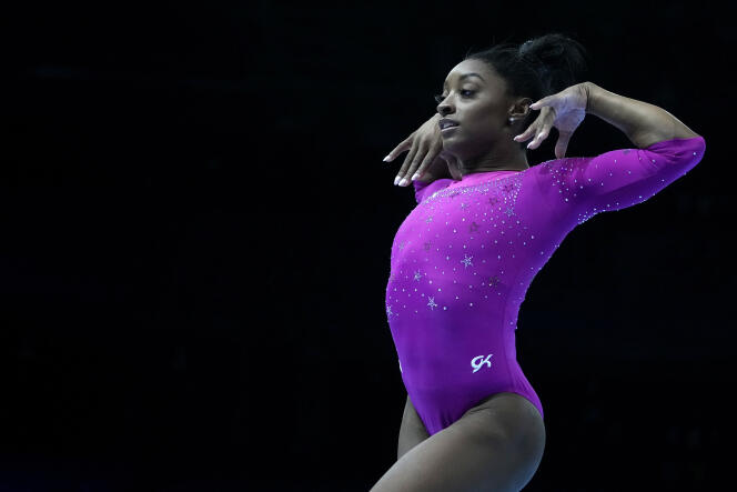 American Simone Biles during training on the sidelines of the Gymnastics World Championships in Antwerp, Belgium, September 28, 2023.
