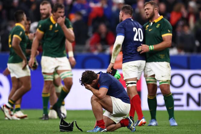 The captain of the French team, Antoine Dupont, after the quarter-final match of the Rugby World Cup, against South Africa, in Saint-Denis (Seine-Saint-Denis), October 15 2023.