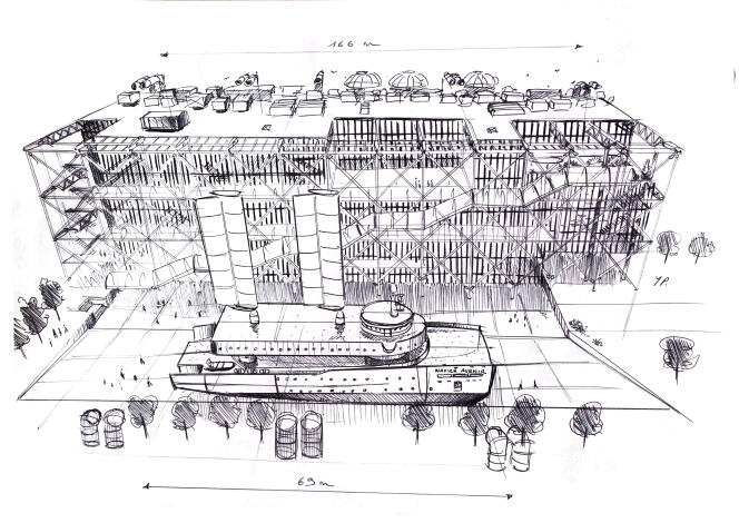 Drawing of the “Navire futur” catamaran project in front of the Center Pompidou, in Paris.
