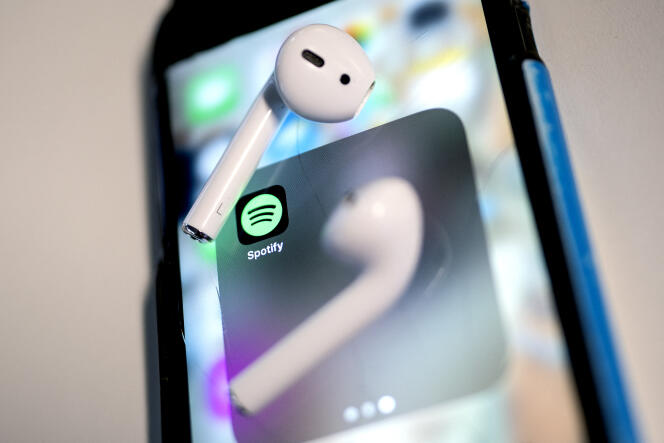 The Spotify application on a smartphone, January 31, 2022.