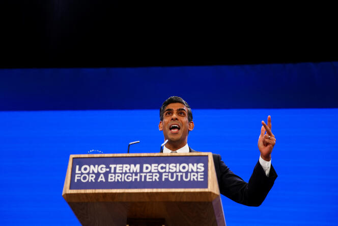 British Prime Minister Rishi Sunak at the Conservative Party annual conference in Manchester on October 4, 2023.