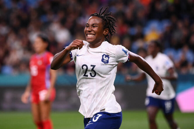 French striker Vicki Becho celebrates her goal during the Women's World Cup match against Panama in Sydney, Australia, August 2, 2023.
