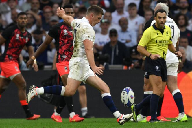 England fly-half Owen Farrell during the Rugby World Cup quarter-final against Fiji, at the Stade-Vélodrome in Marseille, October 15, 2023.