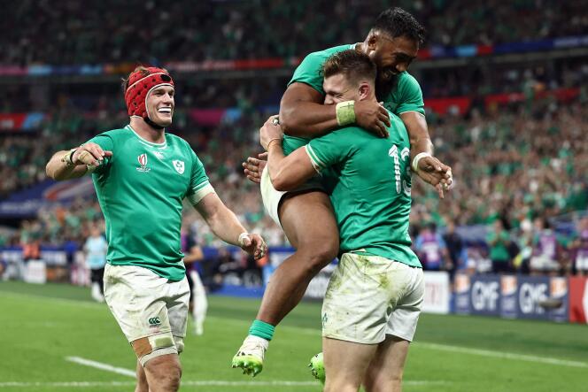 Josh van der Flier's Irish (left) won their final match of the Rugby World Cup group stages against Scotland at the Stade de France, Saint-Denis, on October 7, 2023.