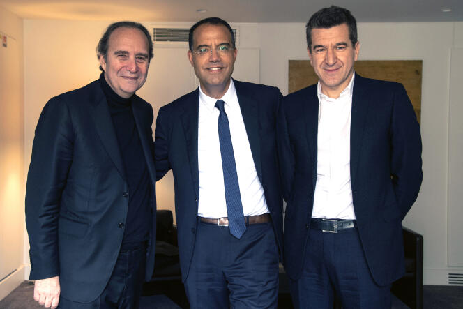 Xavier Niel, Moez-Alexandre Zouari and Matthieu Pigasse (from left to right), in Paris, March 31, 2022. 