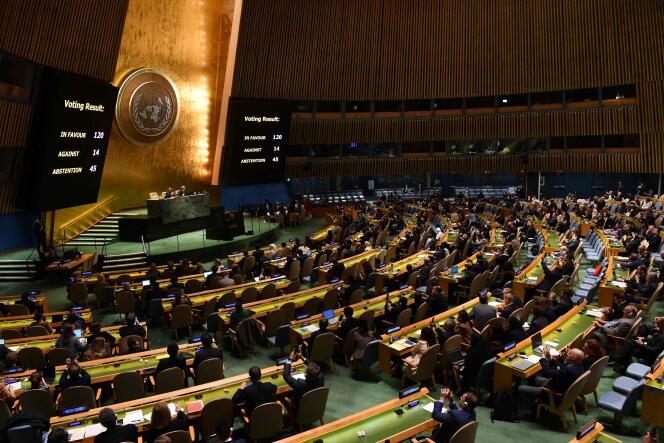 The United Nations General Assembly votes on a humanitarian truce in Gaza, in New York, October 27, 2023.