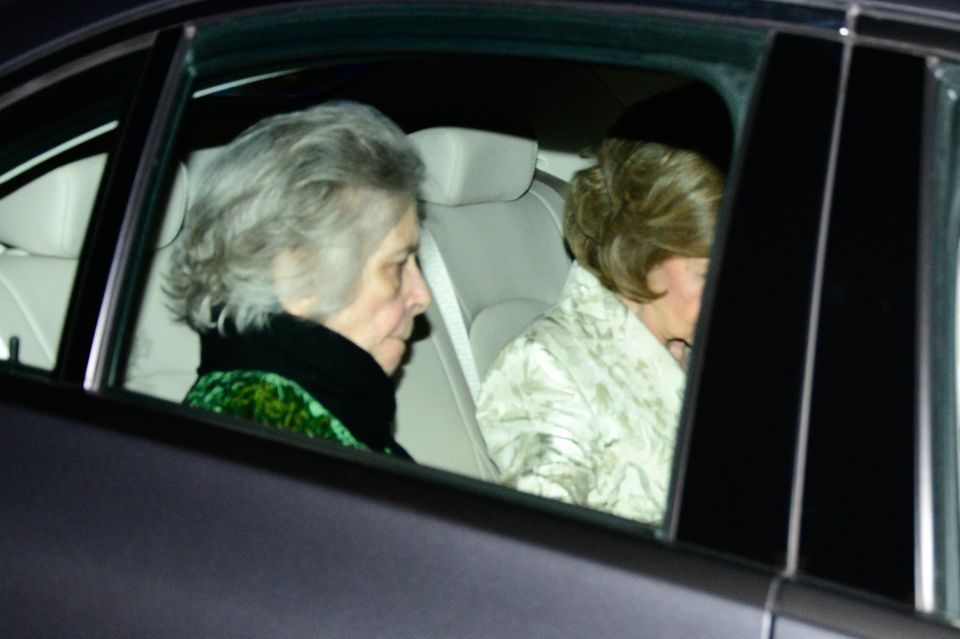 Irene of Greece (left) and her sister Queen Sofía leave Leonor's birthday party at the Palacio del Pardo.