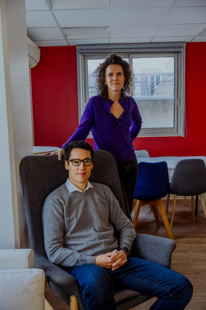 Jean-Christophe Boulanger, CEO of “Contexte”, and Clémentine Forissier, editorial director, in the Paris offices of the media outlet, November 6, 2023. 