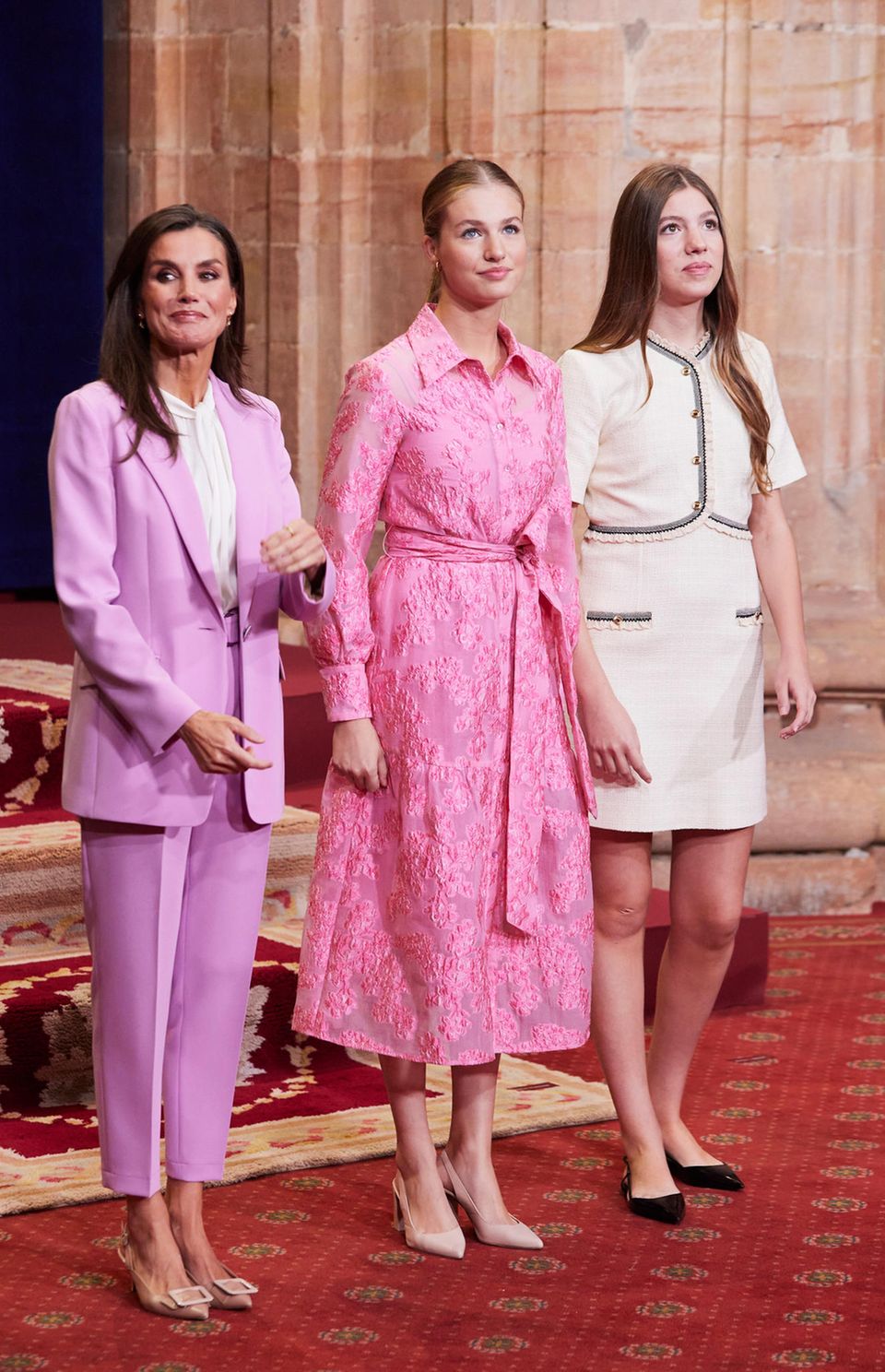 Queen Letizia at the audiences of the Spanish royal family as part of the Princess of Asturias Awards 2023 in Oviedo in her signature look: the colored trouser suits. 