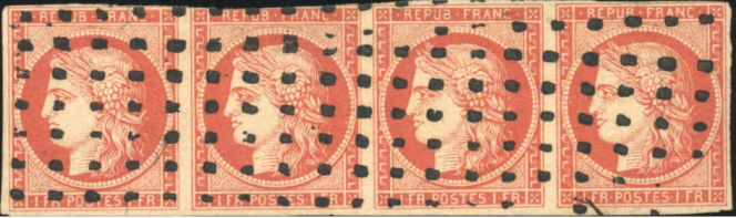 1 live vermilion franc.  Strip of four (two copies with affected margin), with large dots cancellation.  Sold for 132,500 euros at Behr, in Paris, on June 22, 2023.