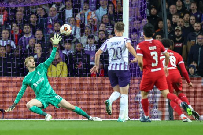 The goal of Toulouse's Aron Leonard Donnum, in the 36th minute of the Europa League match against Liverpool, at the Toulouse Stadium, November 9, 2023.